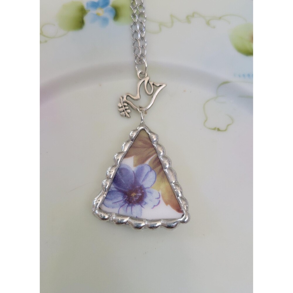 Broken China Blue Flower Soldered Pendant Necklace with Peace Dove